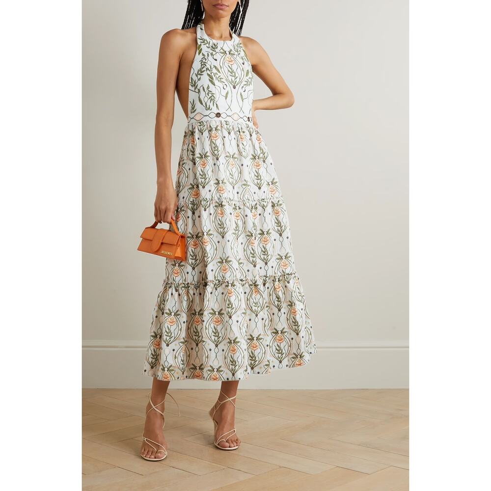 Agua by Agua Bendita Consuelo Lunar Floral Halter Midi Dress Linen Small